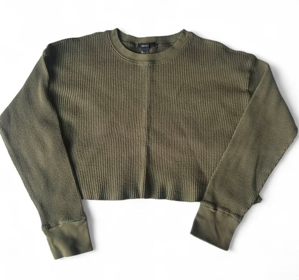 Women's Forever 21 Olive Green Waffle Knit Cropped Sweater Size Large